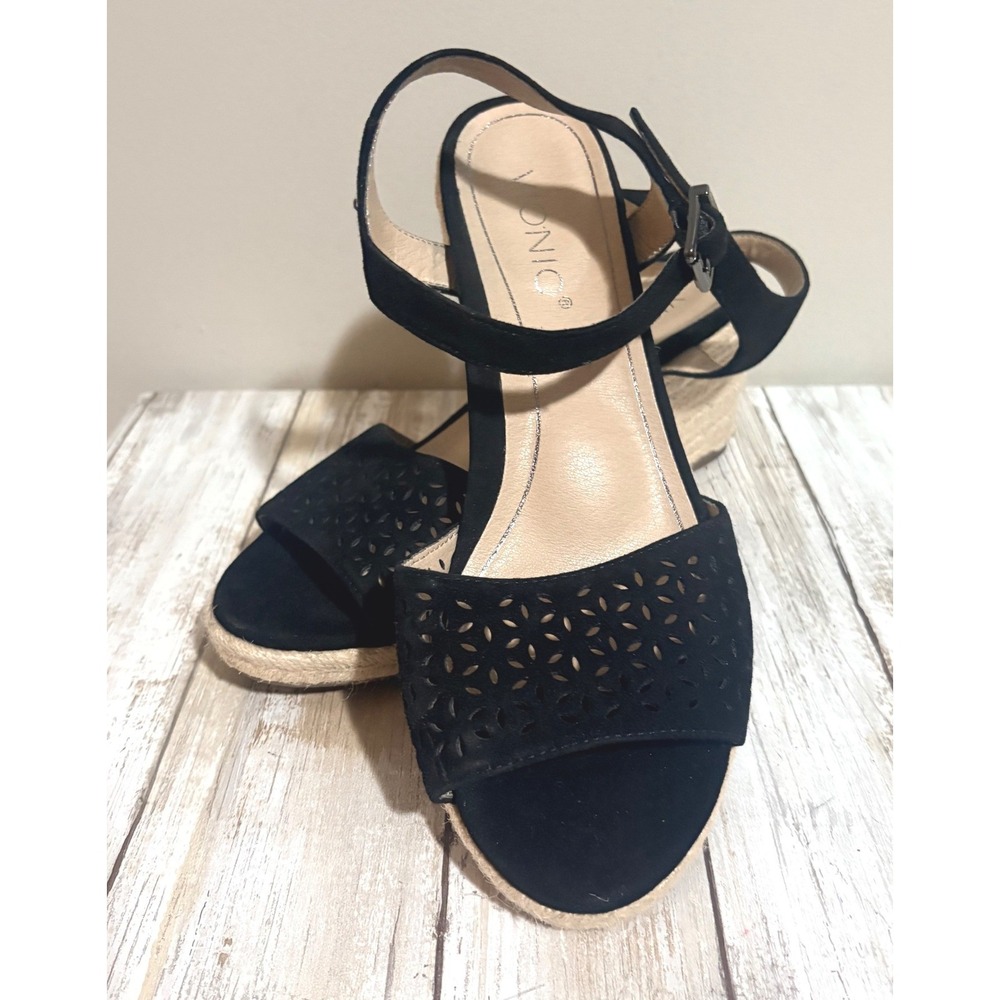Vionic Tulum Ariel Espadrille Wedge Sandals 8.5 Black Excellent Laser Cut Suede